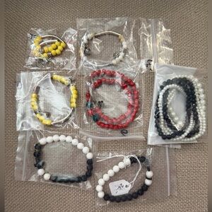 7- Total, Mixed Bead Stretch Bracelets – Black, White, Yellow, Red
